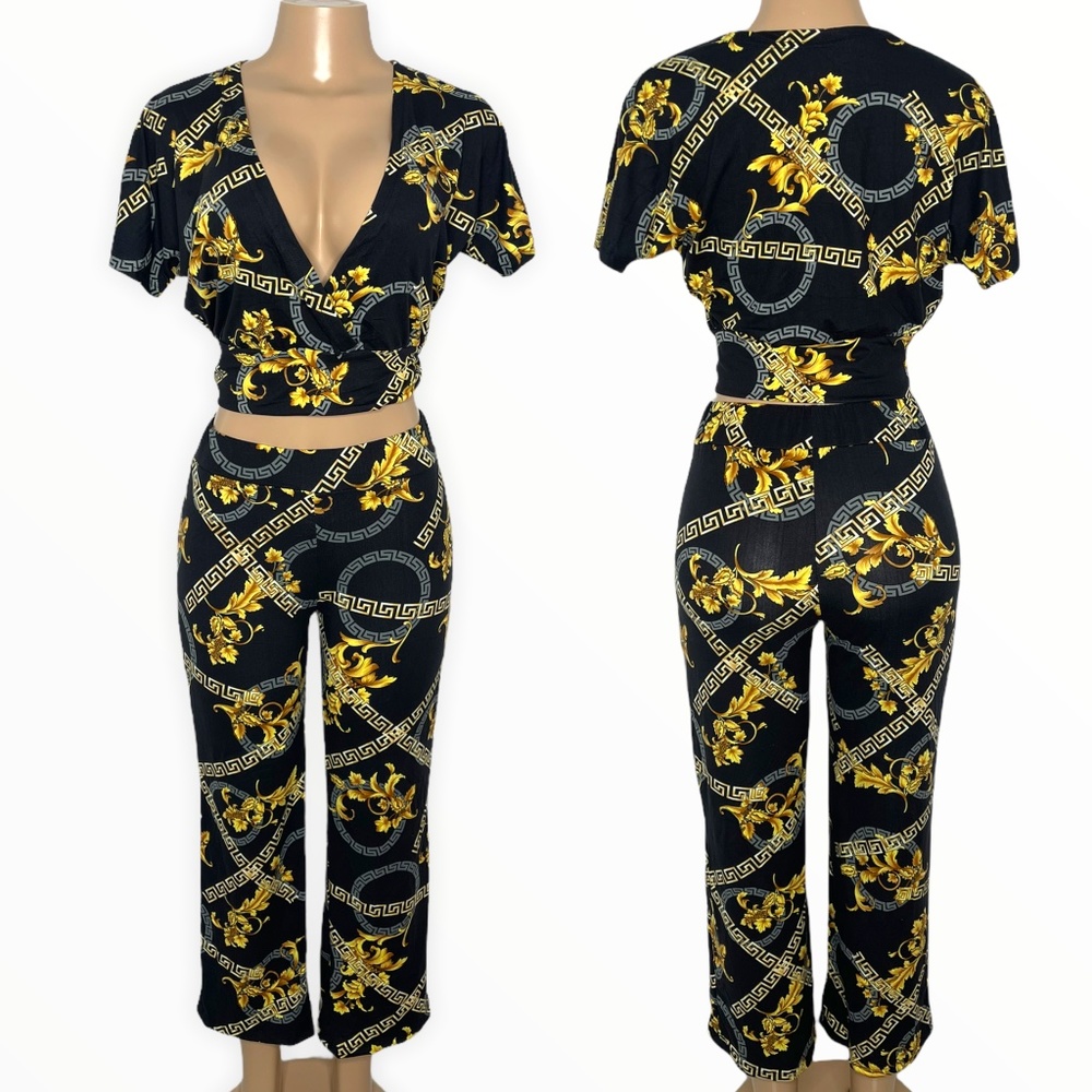 2 Pieces Black Set for Women Size S/M Stretchy Wide Leg Pants and Wrap Crop Top